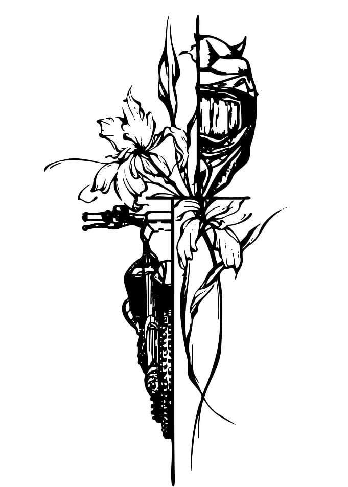 Motorcycle and Flowers Black and White Art