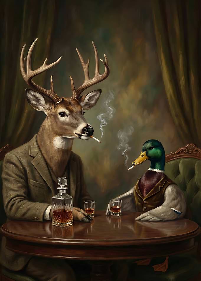 Anthropomorphic Deer and Duck Smoking Cigarettes
