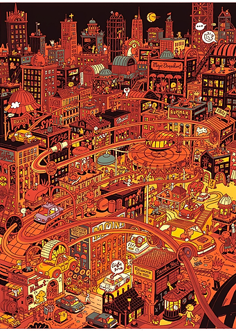 Whimsical Cityscape with Elevated Car Tracks