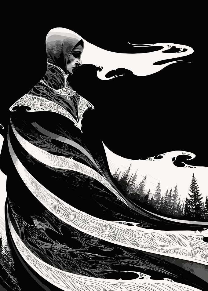 Monochrome hooded figure with forest landscape