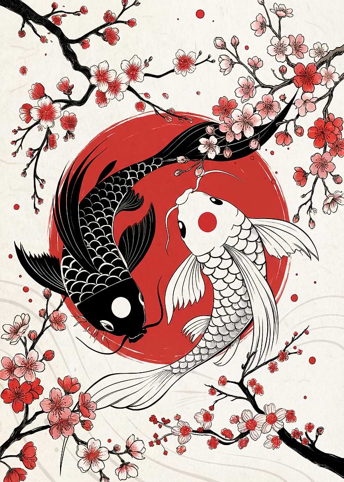 Yin Yang Koi Fish with Cherry Blossoms