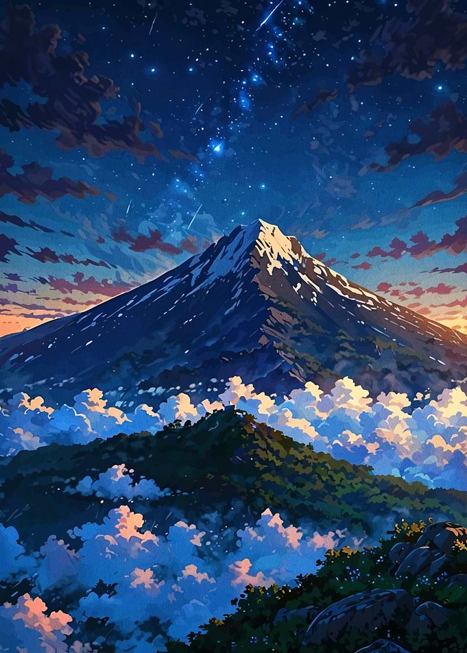 Mountain Peak Under Starry Night Sky