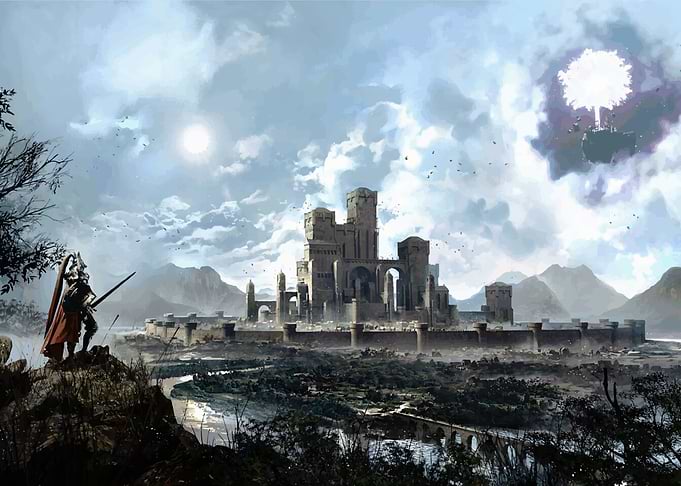 Fantasy Knight Overlooking a Castle City