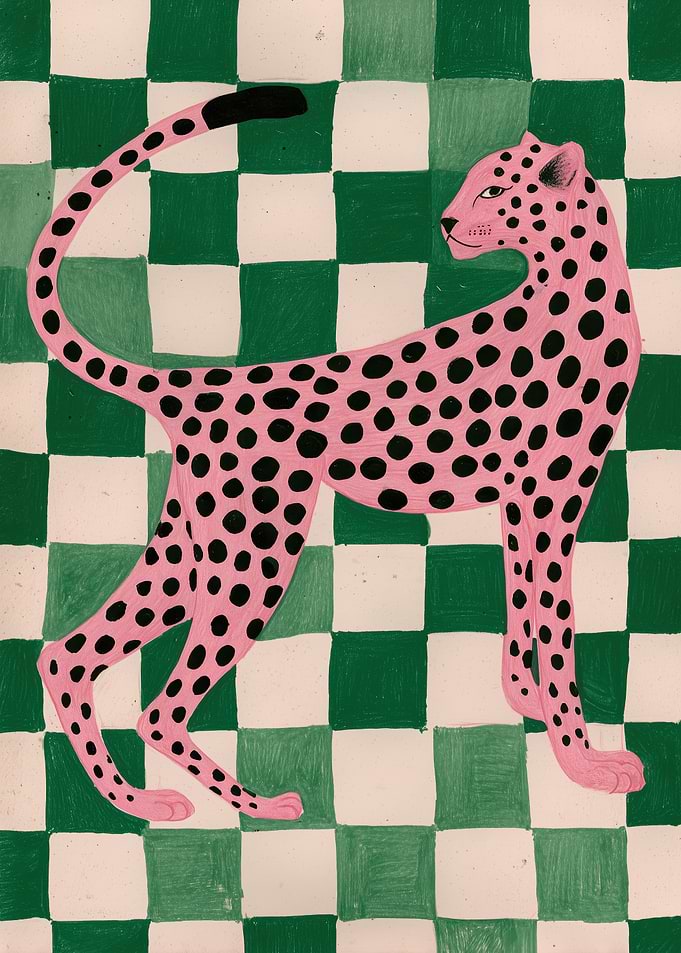 Pink Leopard on Checkered Background