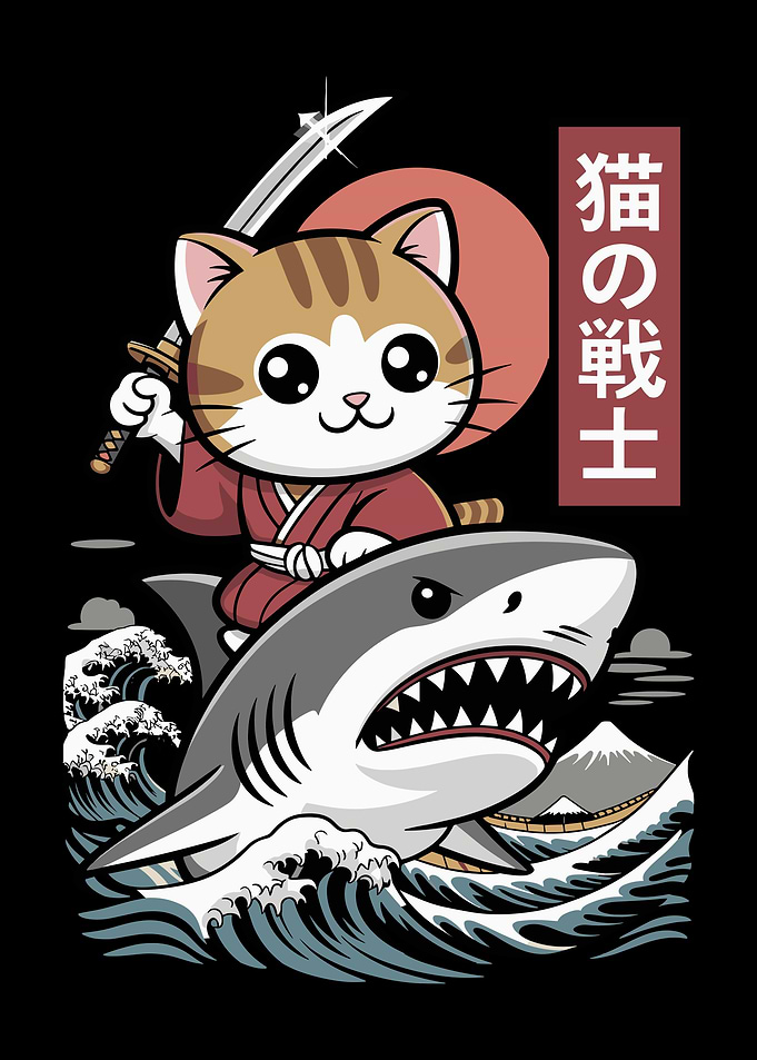 Cat Samurai Riding Shark Cartoon