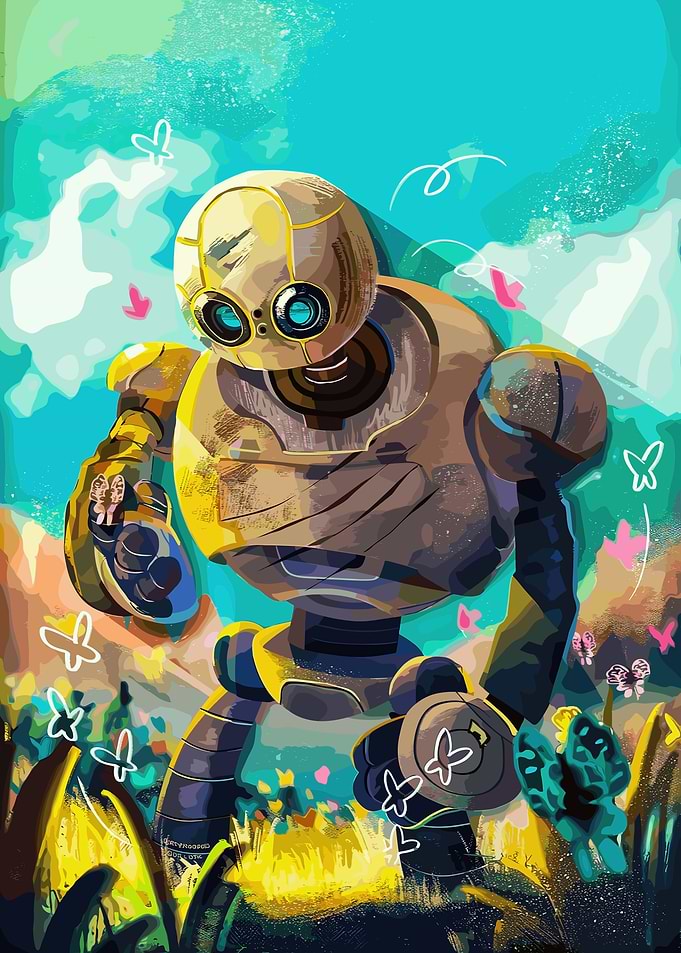 Robot in a field of butterflies