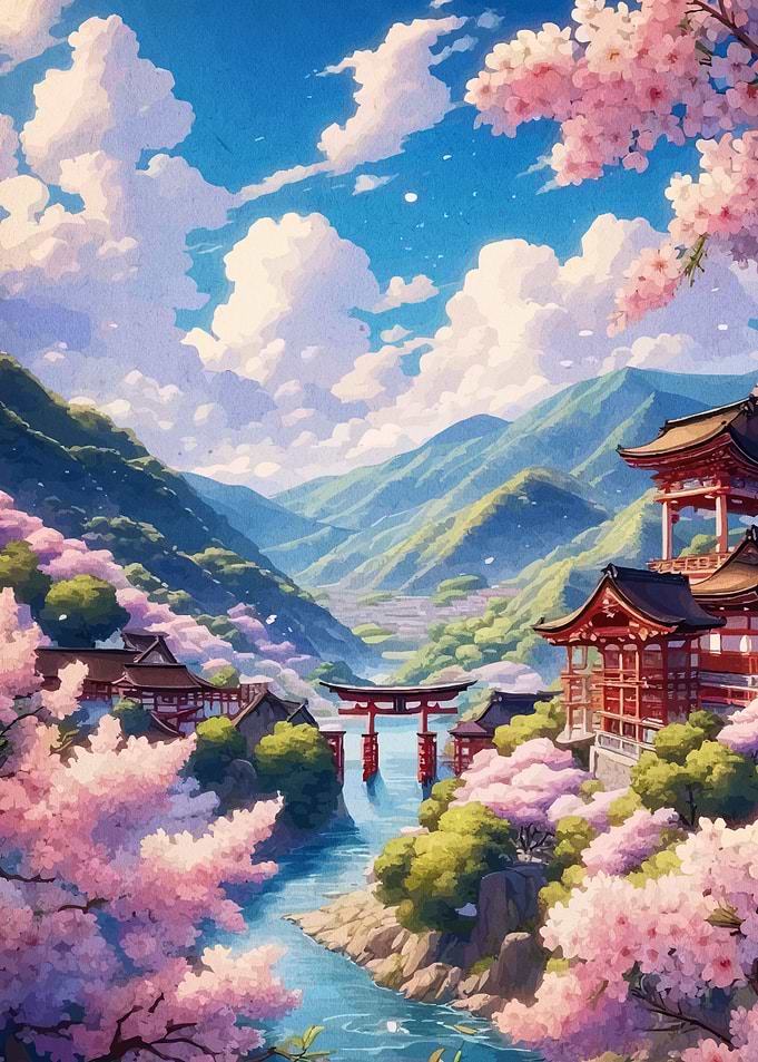Japanese Landscape with Cherry Blossoms
