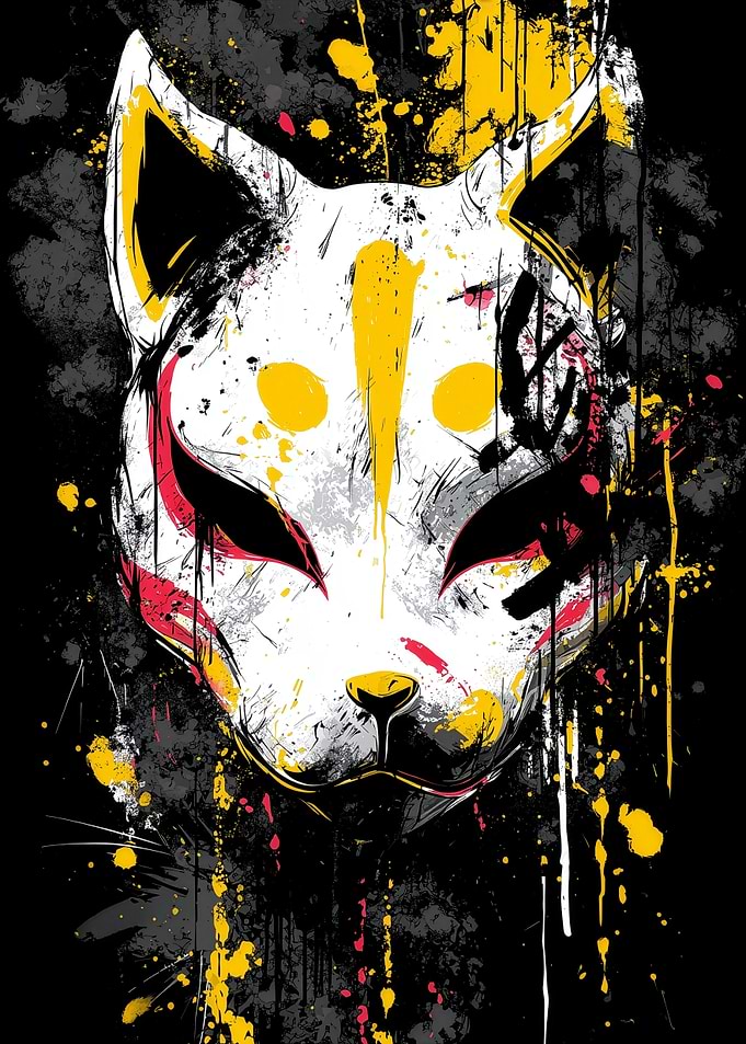 Fox Kitsune Mask with Paint Splatters