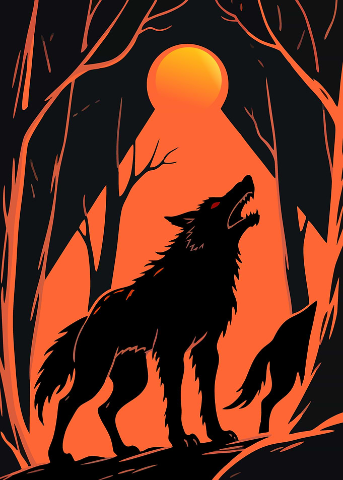 Howling Wolf Silhouette in Orange Moonlight