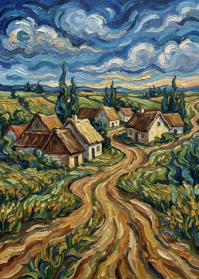 Village Landscape Painting in Impressionist Style