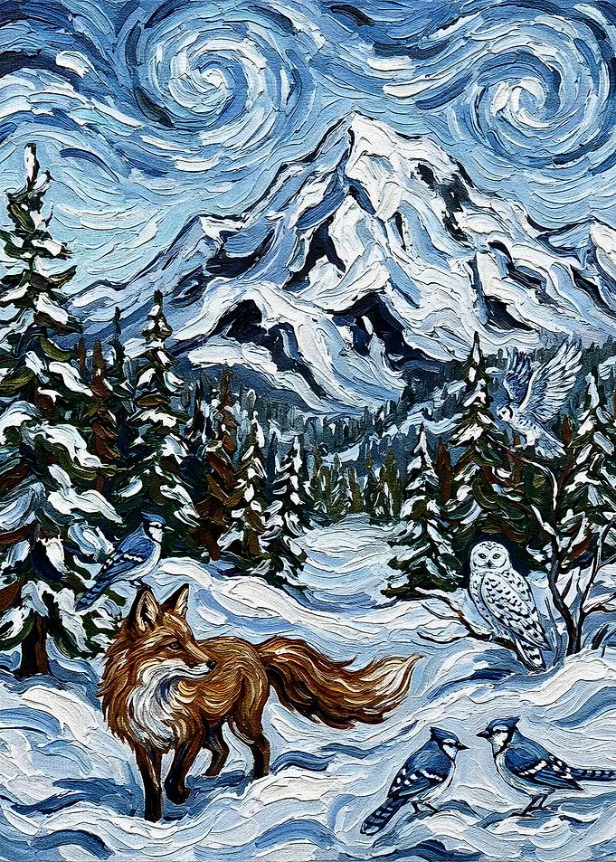 Winter Landscape with Fox and Birds