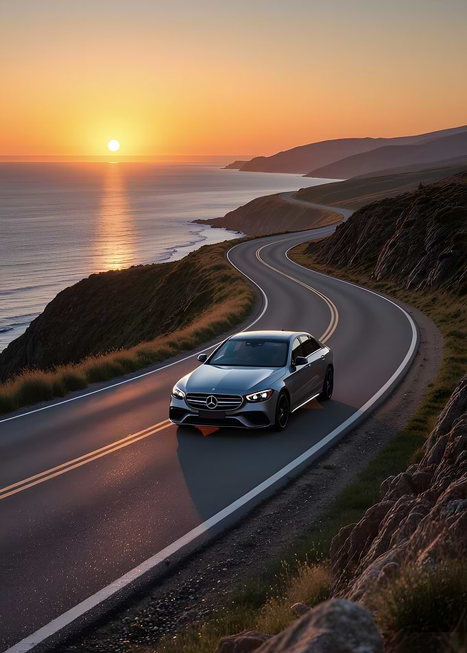 Mercedes-Benz on Coastal Highway at Sunset