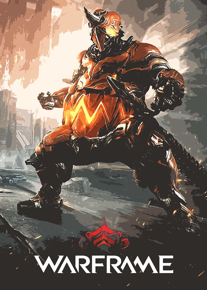 Warframe character in orange armor