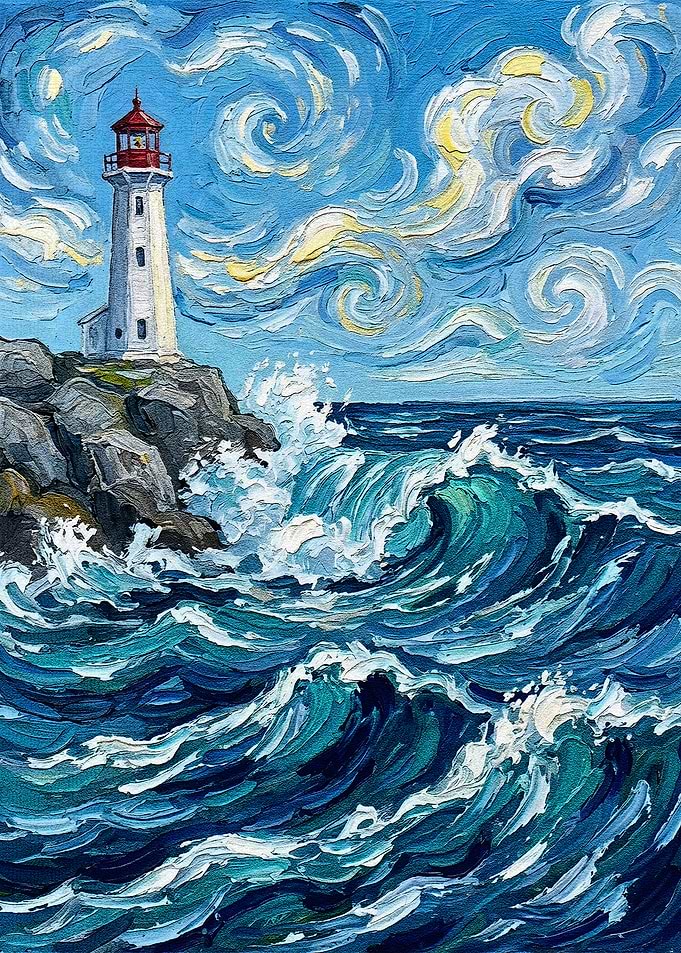 Lighthouse and Ocean Waves Painting