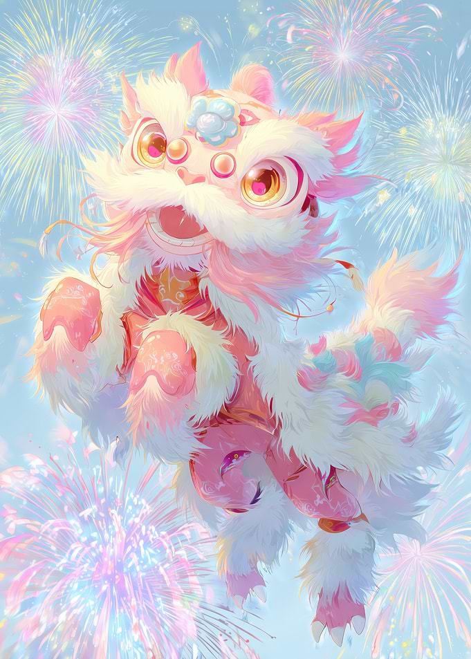Pink Lion Dance with Fireworks