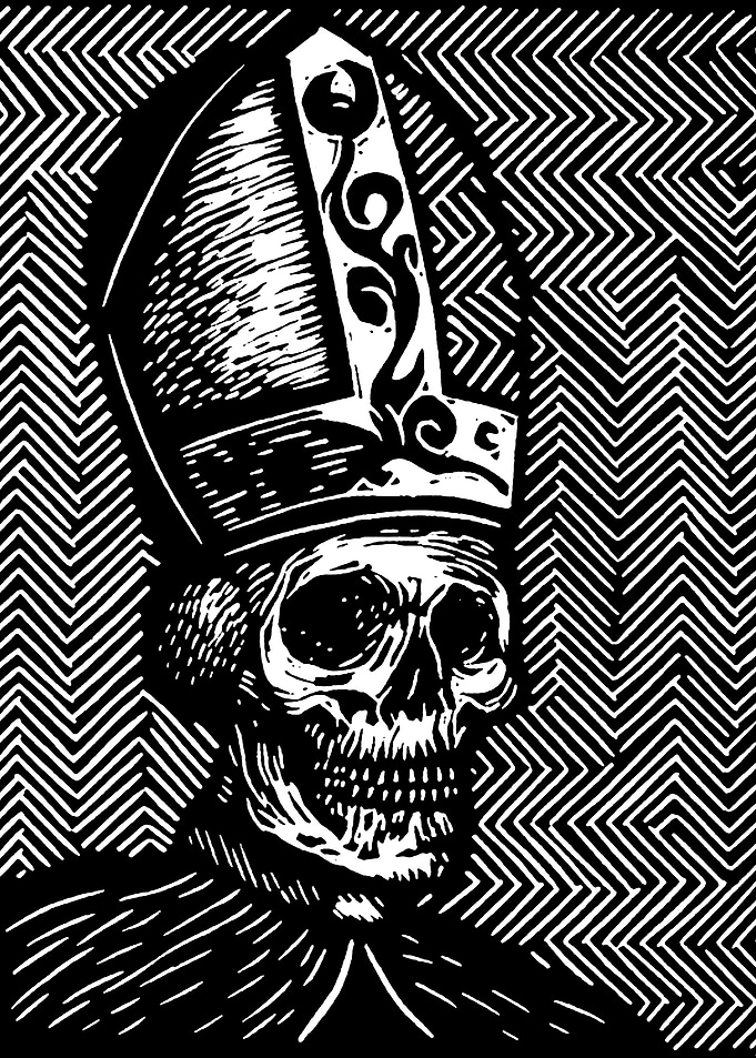 Skull in Mitre with Zigzag Background