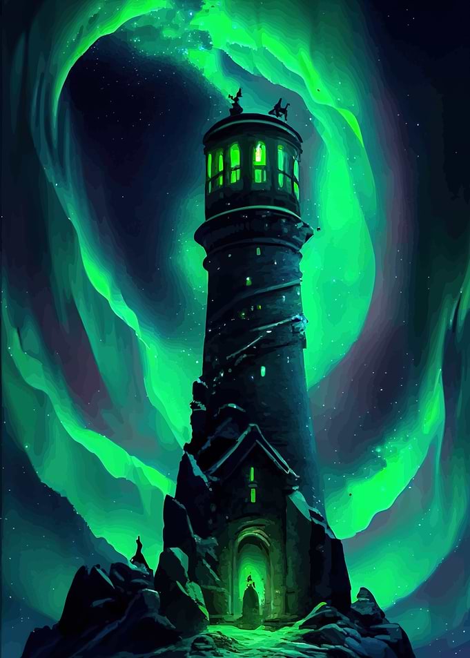Mystical Lighthouse Under Aurora Borealis