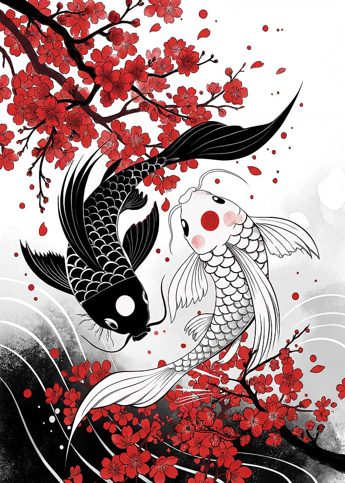 Koi Fish and Cherry Blossoms Art