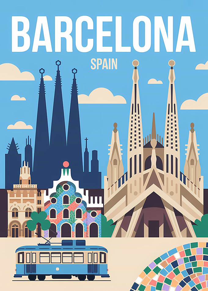 Barcelona Spain Travel Poster Illustration