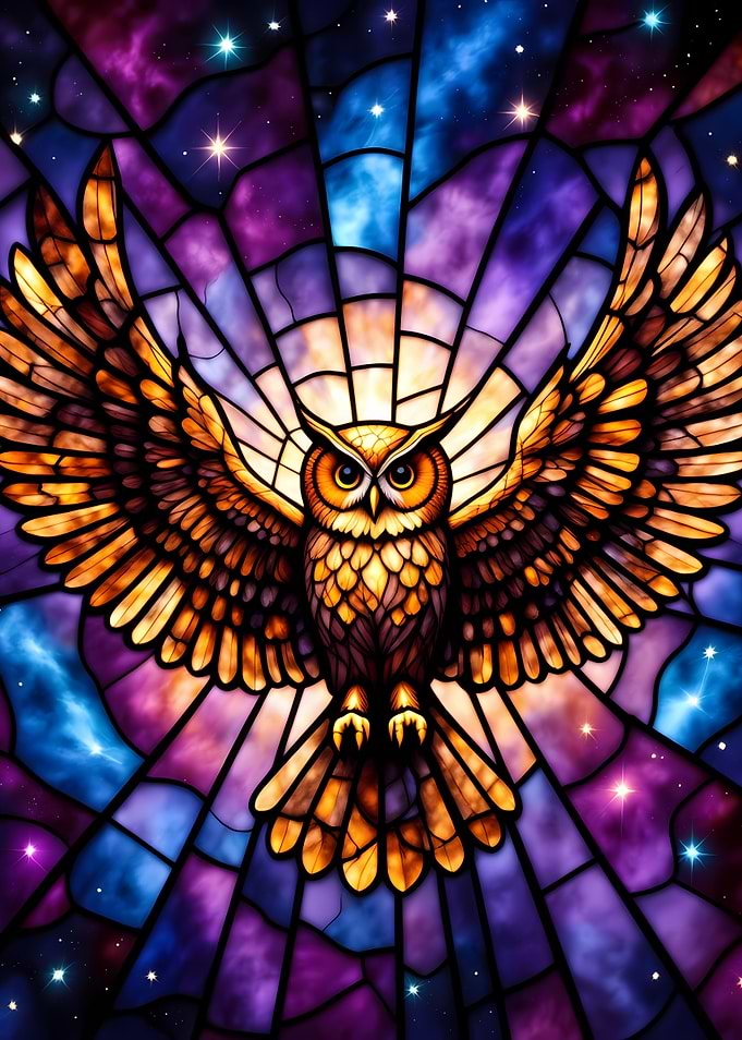 Stained Glass Owl with Celestial Background