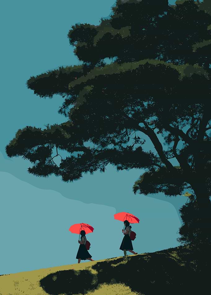 Two figures with red umbrellas