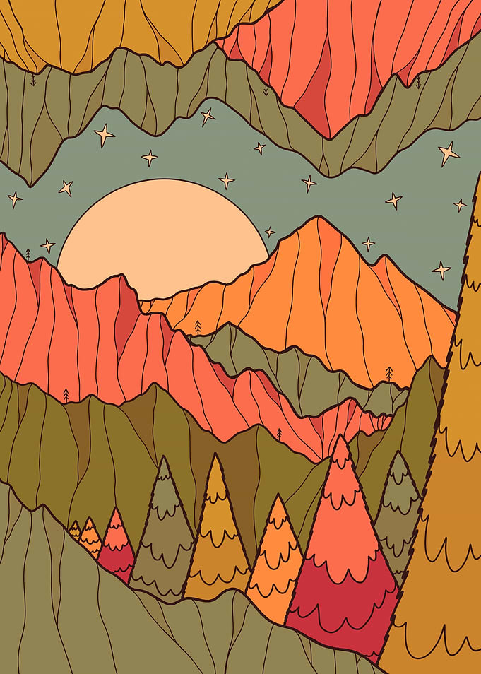 Colorful Mountain Landscape with Sun and Stars