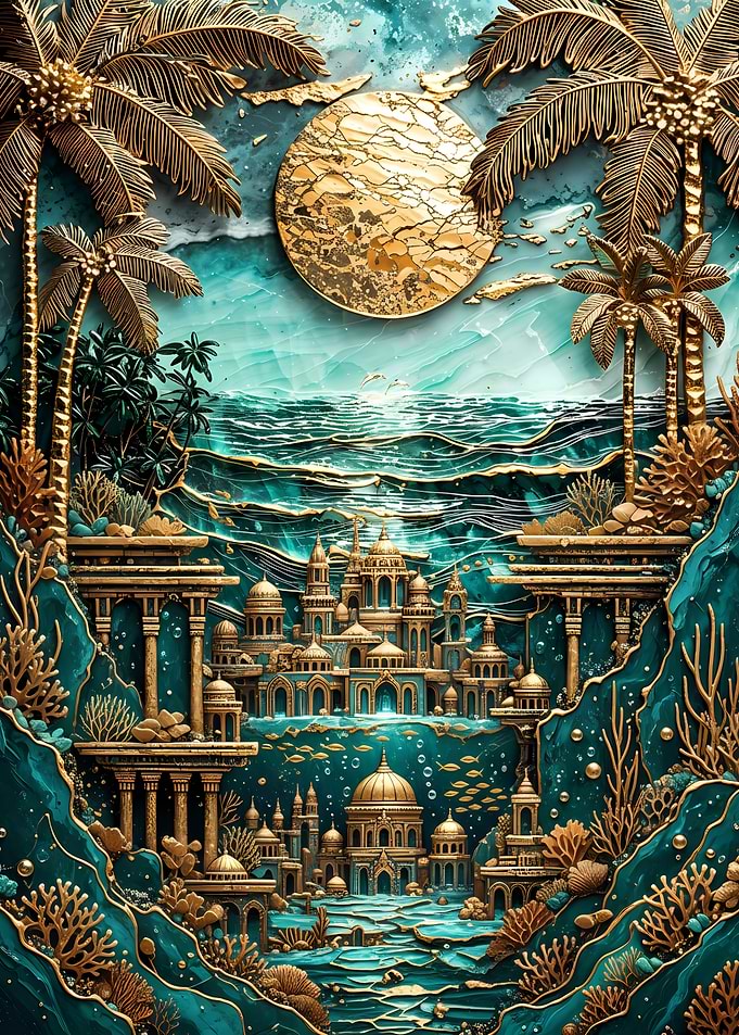 Golden Underwater City with Palm Trees