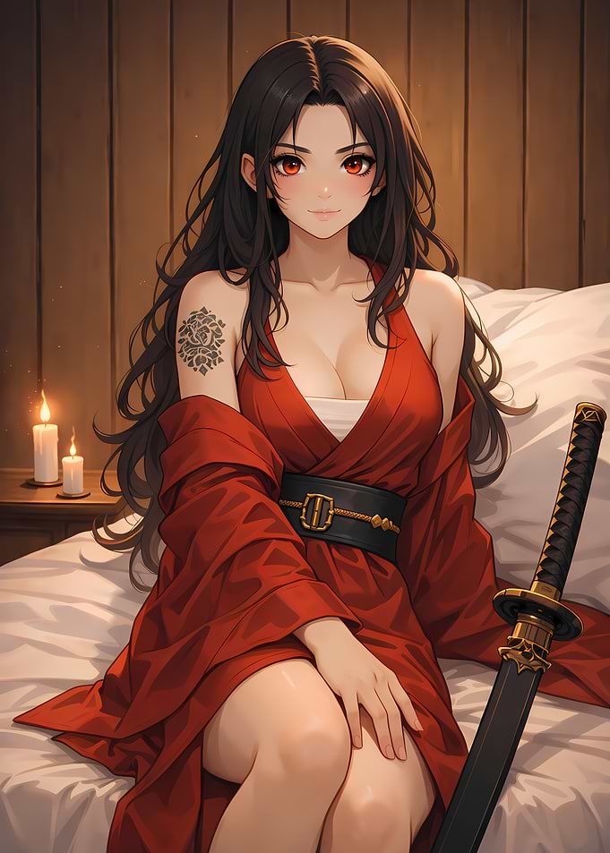 Anime woman in Red Kimono with Katana
