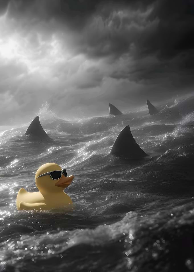 Duck with Sharks in Stormy Sea