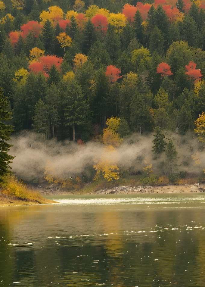 Autumn Forest Lake with Fog