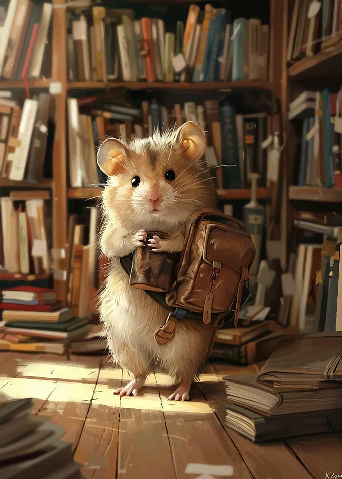 Hamster with Backpack in Library