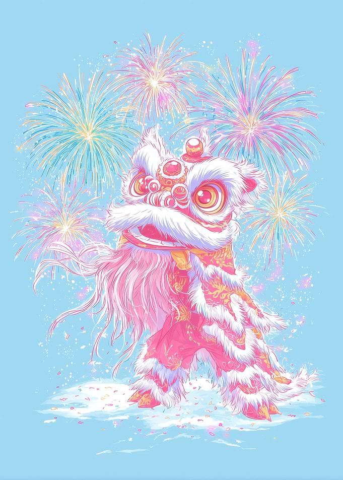 Chinese Lion Dance with Fireworks