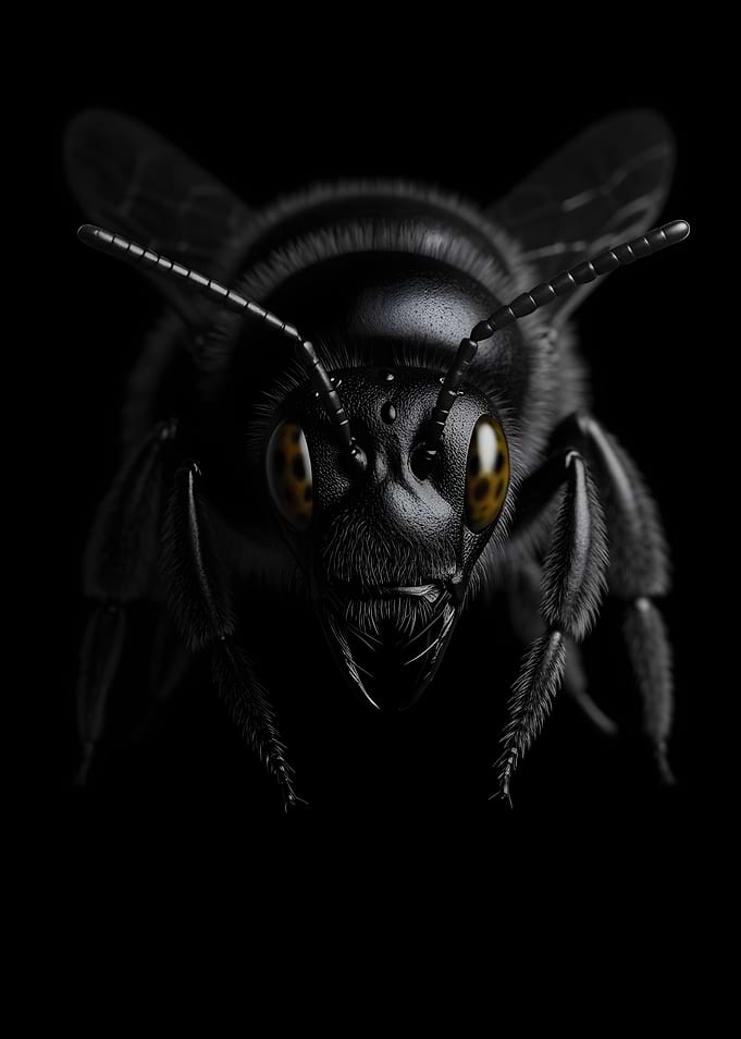 Detailed Black Bee Portrait on Black