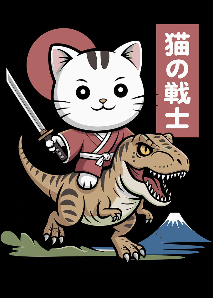 Cat Samurai Riding Dinosaur Illustration