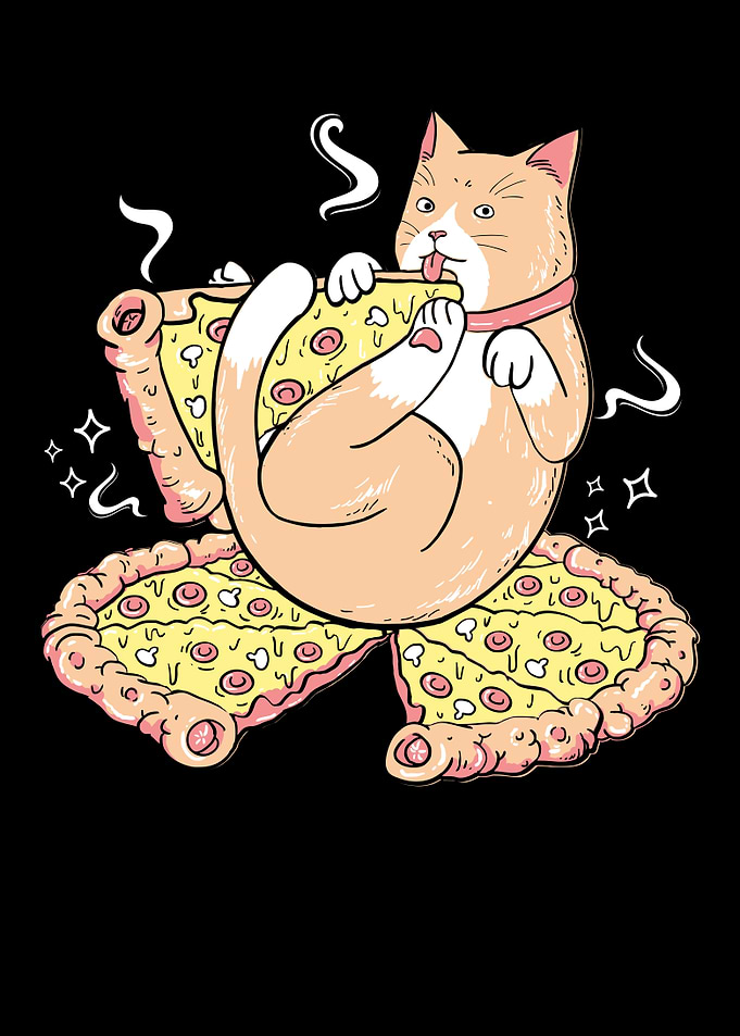 Cat eating pizza cartoon illustration
