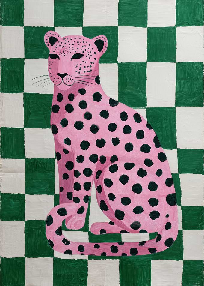 Pink Leopard Painting on Checkered Background