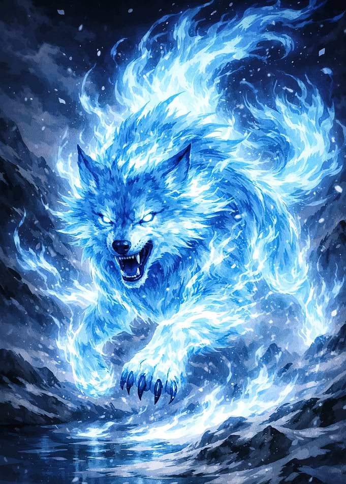 Blue Fire Wolf Fantasy Art