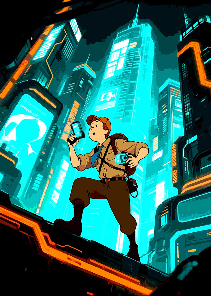 Cartoon Adventurer in Cyberpunk Cityscape