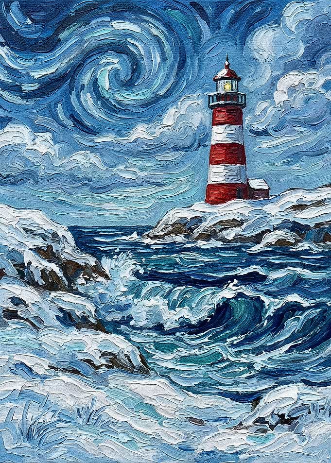 Winter Lighthouse Seascape Painting