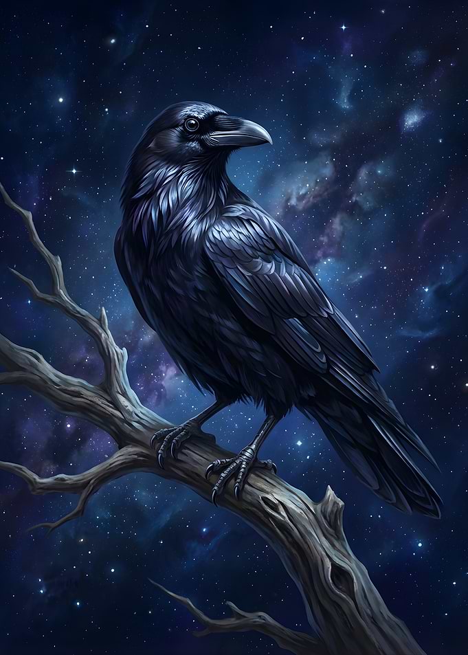 Raven Perched on Branch at Night