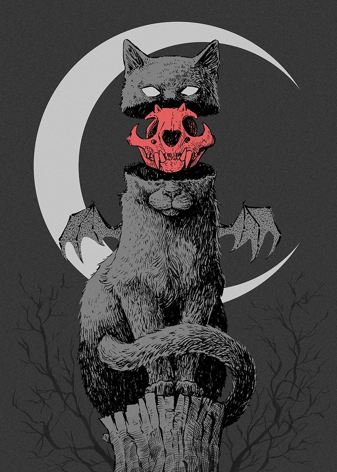 Surreal Cat with Skull and Moon