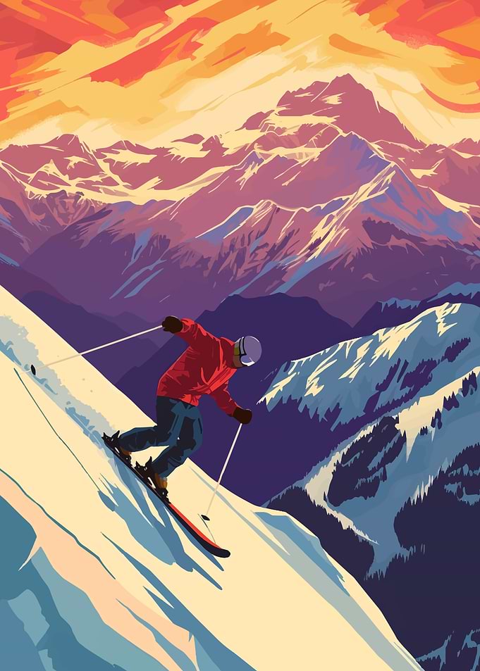 Skier on Mountain Slope Illustration