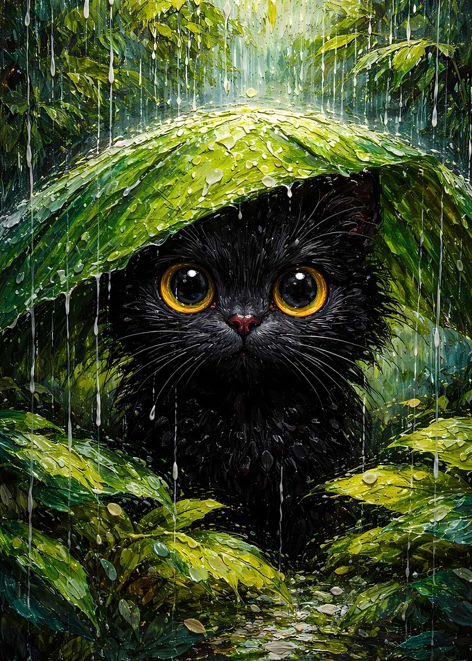 Cute Black Cat Peeking from Rain Leaf - Black Cat Impasto Oil Painting Wall Art