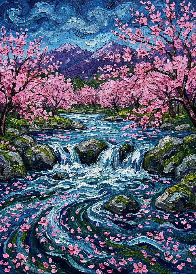 Cherry Blossom River Landscape Painting