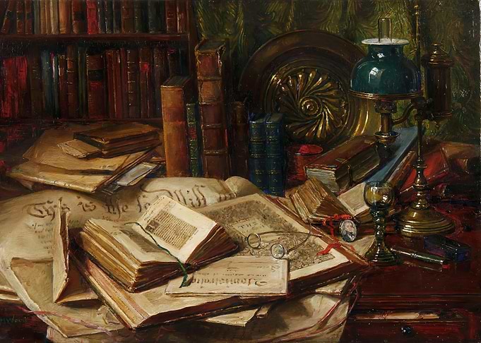 Antique Study Still Life Painting Old Books