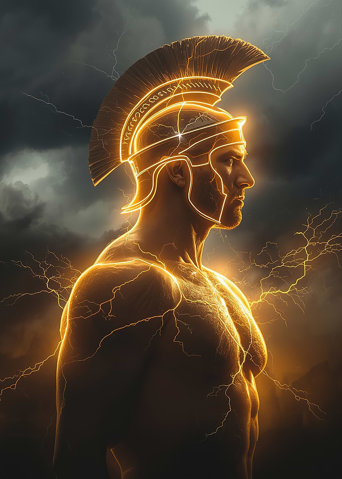 Glowing Spartan Warrior in Storm