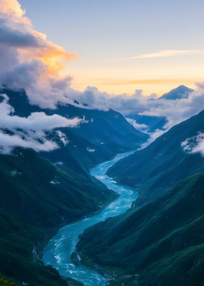 Mountain River Valley at Sunset