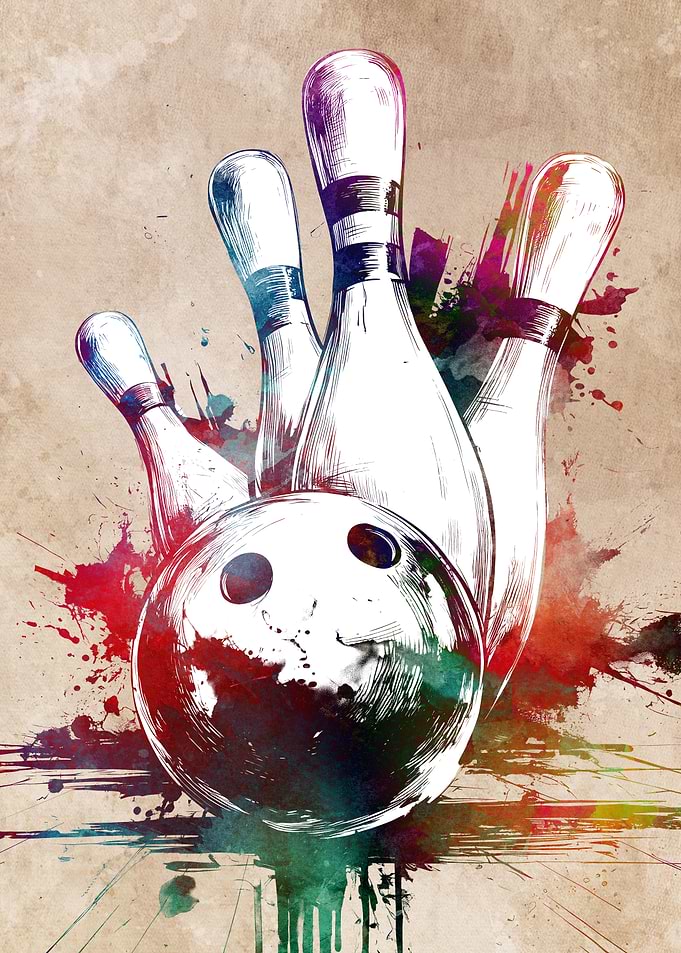 Bowling Ball and Pins Watercolor Art