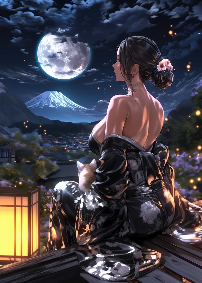 Moonlit Japanese Woman in Kimono Overlooking Mount Fuji – Night Serenity Art