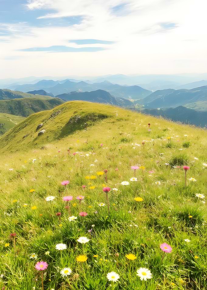 Mountain meadow with wildflowers landscape
